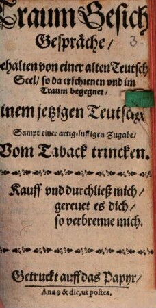 Traum Gesicht Gespräche : Gehalten von einer alten Teutschen Seel, so da erschienen und im Traum begegnet, Einem jetzigen Teutschen