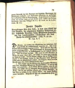 Zweyte Zugabe. Anmerkungen über eben diese, in dem 2ten Stück des 3ten Bandes, der allgemeinen deutschen Bibliotheck S. 261. befindliche Recension dieses Ministerial-Zeugnisses ...