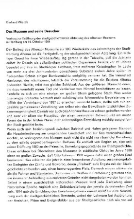 Das Museum und seine Besucher : Vortrag zur Eröffnung der stadtgeschichtlichen Abteilung des Altonaer Museums in Hamburg am 14. Oktober 1964
