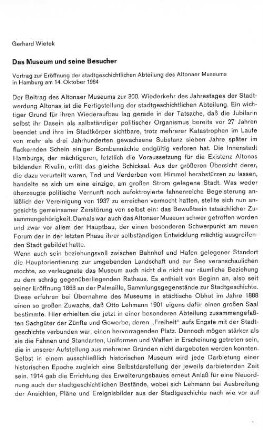 Das Museum und seine Besucher : Vortrag zur Eröffnung der stadtgeschichtlichen Abteilung des Altonaer Museums in Hamburg am 14. Oktober 1964