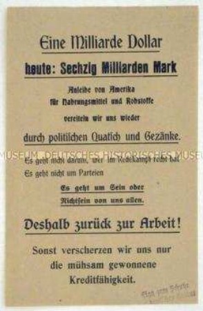 Propagandaflugblatt mit dem Aufruf gegen Streiks angesichts der Inflation