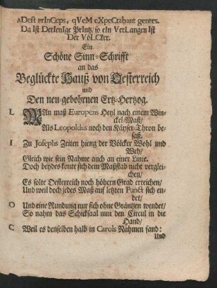 Eine schöne Sinn-Schrifft an das Beglückte Hauß von Oesterreich und den neu-gebohrnen Ertz-Herzog