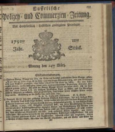 11tes Stueck, Montag den 14ten Maerz. 1791