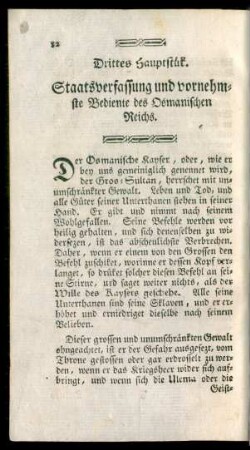 Drittes Hauptstück. Staatsverfassung und vornehmste Bediente des Osmanischen Reichs.