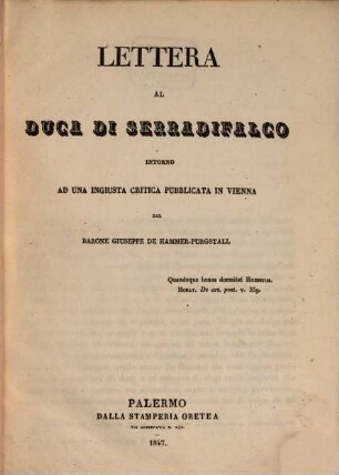 Lettera al duca di Serradifalco intorno ad una ingiusta critica pubblicata in Vienna dal barone Giuseppe de Hammer-Purgstall