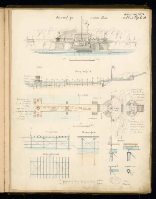 Promenadensteg (Pier) für ein Seebad Monatskonkurrenz Februar 1877: Grundriss, Aufriss Ansicht von See, Längsschnitt, Querschnitt, Details; 4 Maßstabsleisten, Erläuterungstext, 2 Legenden