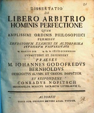 Diss. de libero arbitrio hominis perfectione