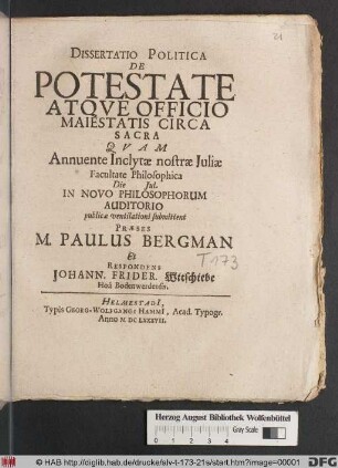 Dissertatio Politica De Potestate Atque Officio Maiestatis Circa Sacra