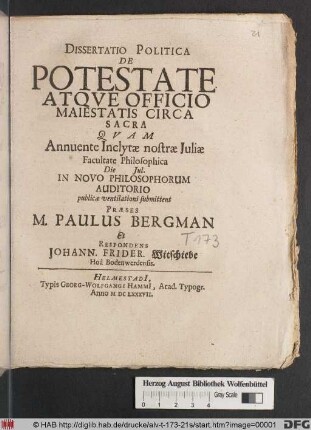Dissertatio Politica De Potestate Atque Officio Maiestatis Circa Sacra