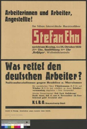 Plakat des NSBO zu einer Wahlversammlung am 24. Oktober 1932 in Braunschweig