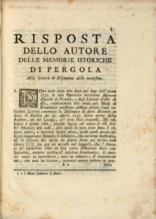 Risposta dello autore delle memorie istoriche di Bergola alla lettera di disamina delle medesime