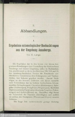 I. Ergebnisse entomologischer Beobachtungen aus der Umgebung Annabergs