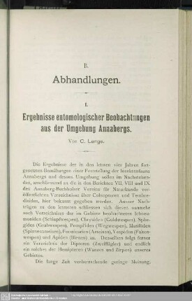 I. Ergebnisse entomologischer Beobachtungen aus der Umgebung Annabergs
