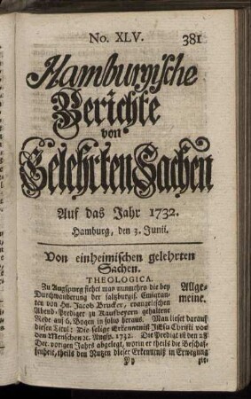 No. XLV. Hamburg, den 3. Junii 1732 - No. LII. Hamburg, den 27. Junii 1732