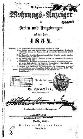 1854: Allgemeiner Wohnungs-Anzeiger für Berlin und Umgebungen