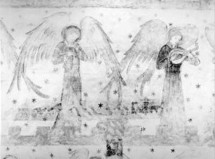 Musizierende Engel auf den Zinnen des Himmlischen Jerusalems : Musizierende Engel auf den Zinnen des Himmlischen Jerusalems. Wandmalerei (1301/1400). Ausschnitt. Lorsch, Kloster, Ehemaliges Benediktinerkloster Sankt Peter, Paul und Nazarius, Lorscher Torhalle (Königshalle)