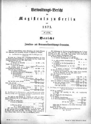 No. XVIII. Bericht der Invaliden- und Veteranen-Unterstützungs-Deputation