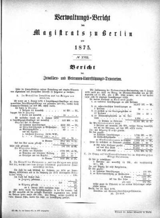 No. XVIII. Bericht der Invaliden- und Veteranen-Unterstützungs-Deputation