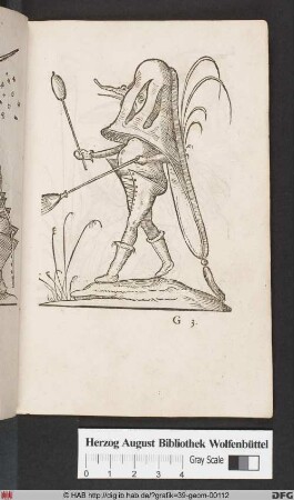 Rabelais, Les Songes Drolatiques de Pantagruel, CXI [Vogelköpfiges Fabelwesen mit einem geschlitzten Pantoffel als Helm].