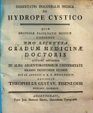 Dissertatio Inauguralis Medica De Hydrope Cystico