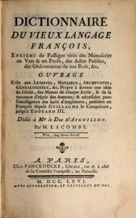Dictionnaire du vieux language françois