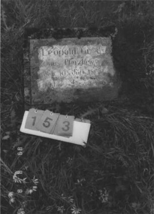 Grabstein 153 (Index: 99800197) Material: Granit Maße HxBxT: 54x58x29 cm Beschreibung: Stele, schräg liegend, eingelassene Schriftplatte: Grabstein 153