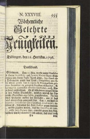 N. XXXVIII. Tübingen, den 21. Herbstm. 1736