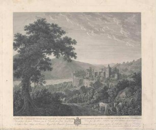 Heidelberg mit Schloss und Stadt, vom Fuß des alten Schlosses vom Geißberg aus gesehen, Bildtext zweisprachig