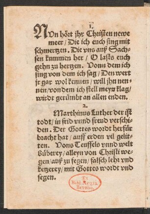 NVn hört jhr Christen newe || meer/ Die ich euch sing mit || schmertzen.