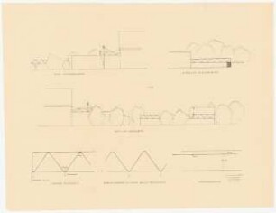 Siedlung an der Hunrodstraße, Kassel-Wilhelmshöhe Grünplanung: Sitzmauer mit Pergola-Drahtgeflecht: Ansichten, Aufsicht 1:50, 1:10