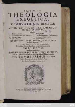1: Theologia Exegetica, Sive: Observationes Biblicae In Vetus Et Novum Testamentum, Septem Classibus : Videlicet: I. Hebraismorum. II. Solutarum Contradictionum. III. Exceptionum ... Ut Singulos Libros, Eorumque Articulos seu Partes contineant, Legitime Distributae Ac Digestae ...