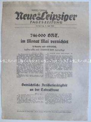Extrablatt der "Neuen Leipziger Tageszeitung" zur Versenkung von britischen Handelsschiffen