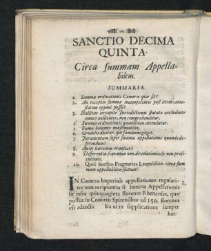 Sanctio Decima Quinta. Circa summam Appellabilem.