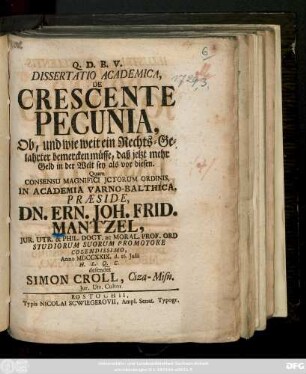 Dissertatio Academica, De Crescente Pecunia