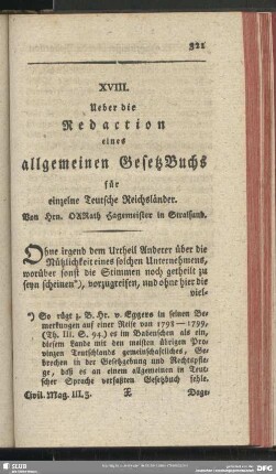 XVIII. Ueber die Redaction eines allgemeinen GesetzBuchs für einzelne Teutsche Reichsländer