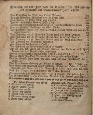 Allmanach auf das Jahr nach der Gnadenreichen Geburth unsers Heylands und Seeligmachers Jesu Christi.