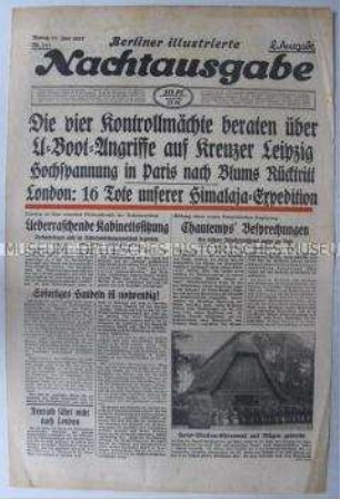 Abendzeitung "Berliner illustrierte Nachtausgabe" u.a. zum Krieg in Spanien und zum Rücktritt des französischen Ministerpräsidenten Blum