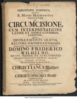 Exercitatio Academica, Prima, R. Mosis Maimonidis Tractatum De Circumcisione : Cum Interpretatione Latina Et Annotationibus