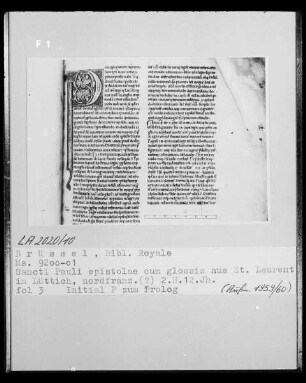Ms 9200-01, Sancti Pauli epistolae cum glossis, fol. 3: Initiale P zum Prolog