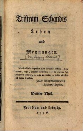 Tristram Schandis Leben und Meynungen, 3
