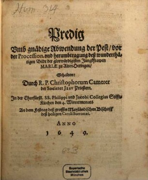 Predig umb ... Abwendung der Pest