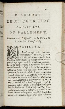 Discours De Mr. De Brillac Conseiller Du Parlement, Prononcé dans l'Assemblée de la Faculté le premier jour d'Aoust 1665.