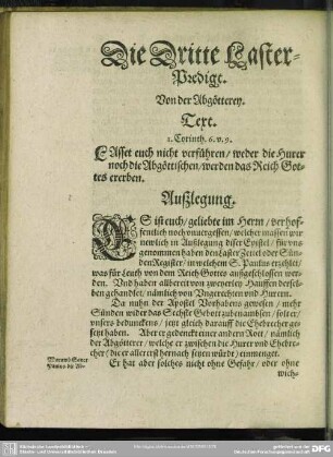 Die Dritte Laster-Predigt. Von der Abgötterey