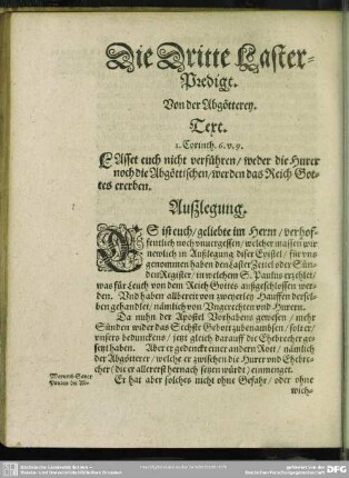 Die Dritte Laster-Predigt. Von der Abgötterey