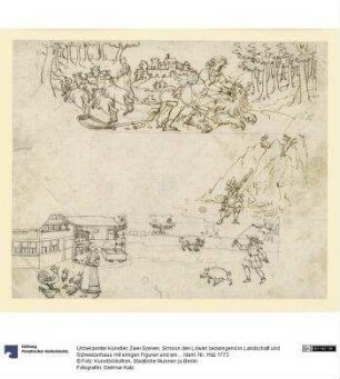 Zwei Szenen, Simson den Löwen bezwingend in Landschaft und Schweizerhaus mit einigen Figuren und einer Gemsjagd