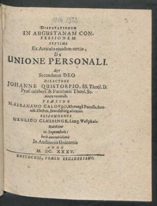 Disputationum In Augustanam Confessionem Septima Ex Articulo eiusdem tertio De Unione Personali