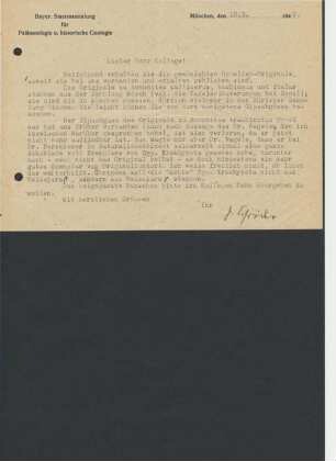 Brief von der Bayrischen Staatsammlung für Paläontologie und historische Geologie