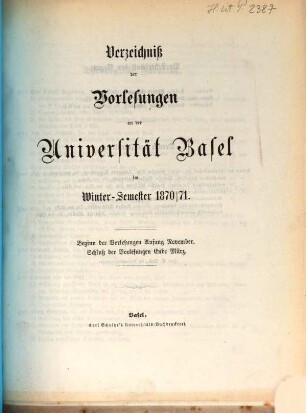 Verzeichnis der Vorlesungen. 1870/71, 1870/71. WS.