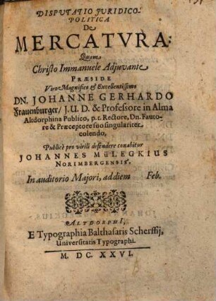 Disputatio Iuridico-Politica De Mercatura