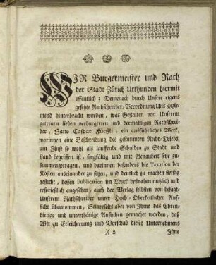 Wir Burgermeister und Rath der Stadt Zürich Urkhunden hiermit offentlich;[...]